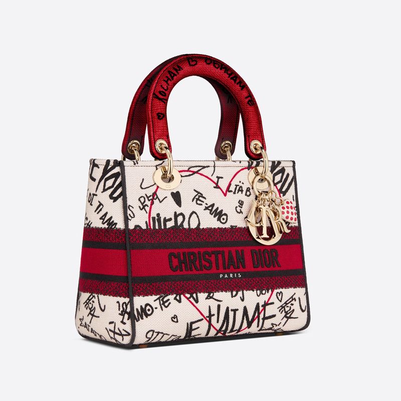 Medium Lady D-lite Bag Dioramour Graffiti Motif Canvas White - Image 2