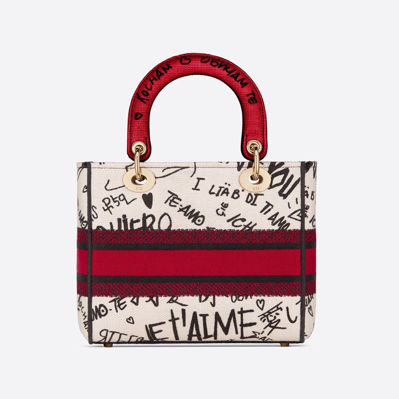 Medium Lady D-lite Bag Dioramour Graffiti Motif Canvas White - Image 3