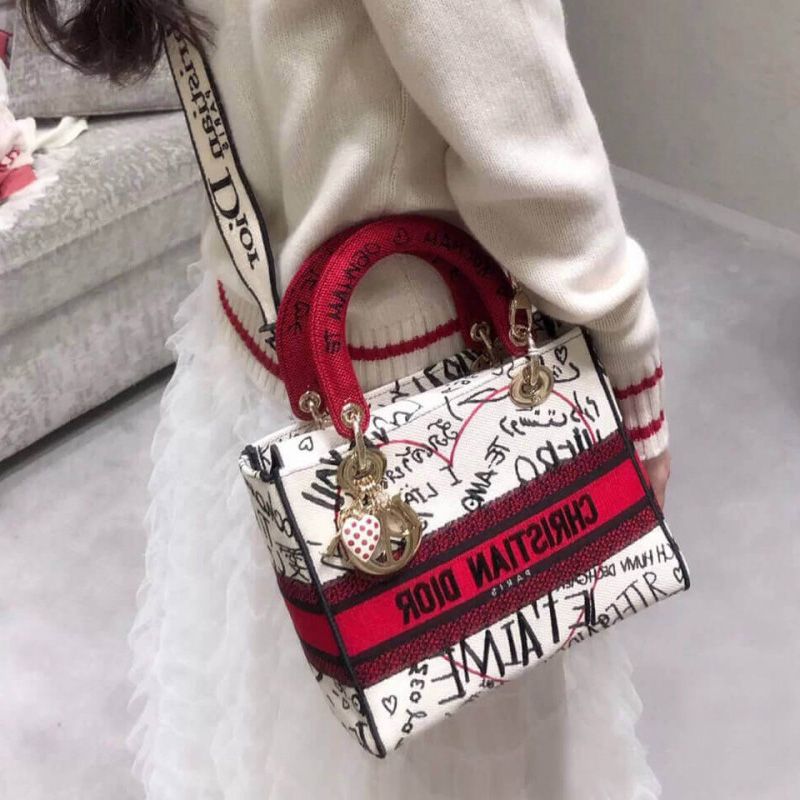 Medium Lady D-lite Bag Dioramour Graffiti Motif Canvas White - Image 5