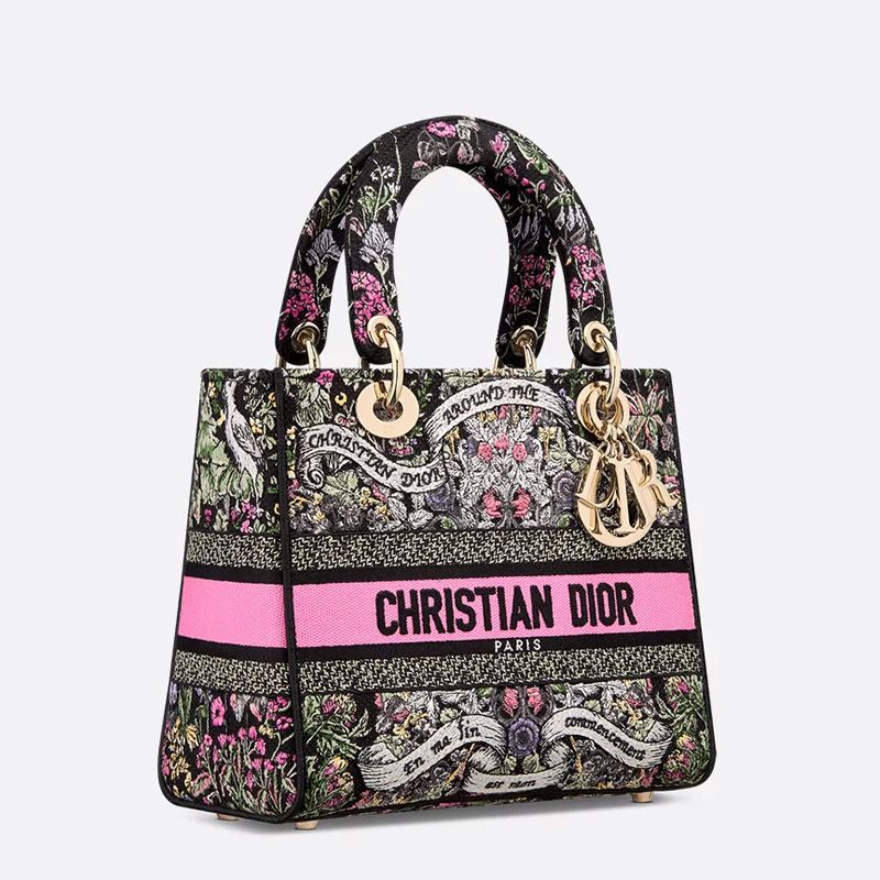 Medium Lady D-lite Bag In Flowers Around the World Motif Canvas Black - Image 2