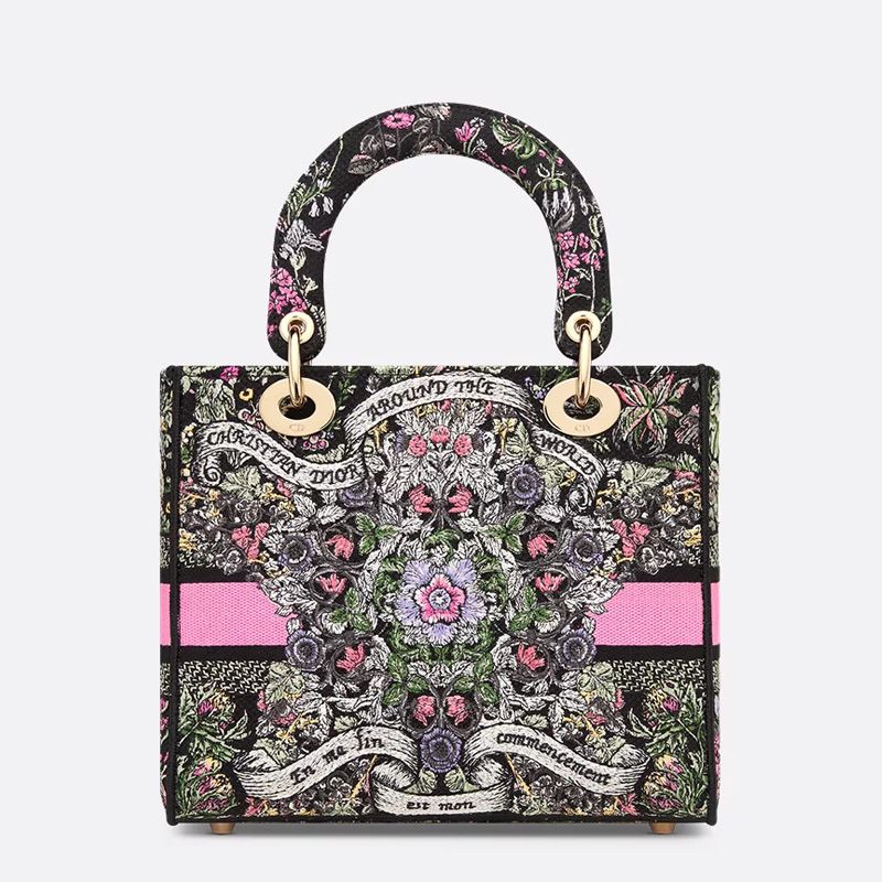 Medium Lady D-lite Bag In Flowers Around the World Motif Canvas Black - Image 3