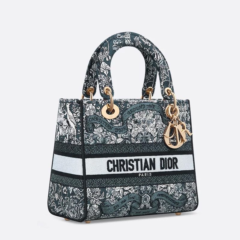 Medium Lady D-lite Bag In Flowers Around the World Motif Canvas Blue - Image 2