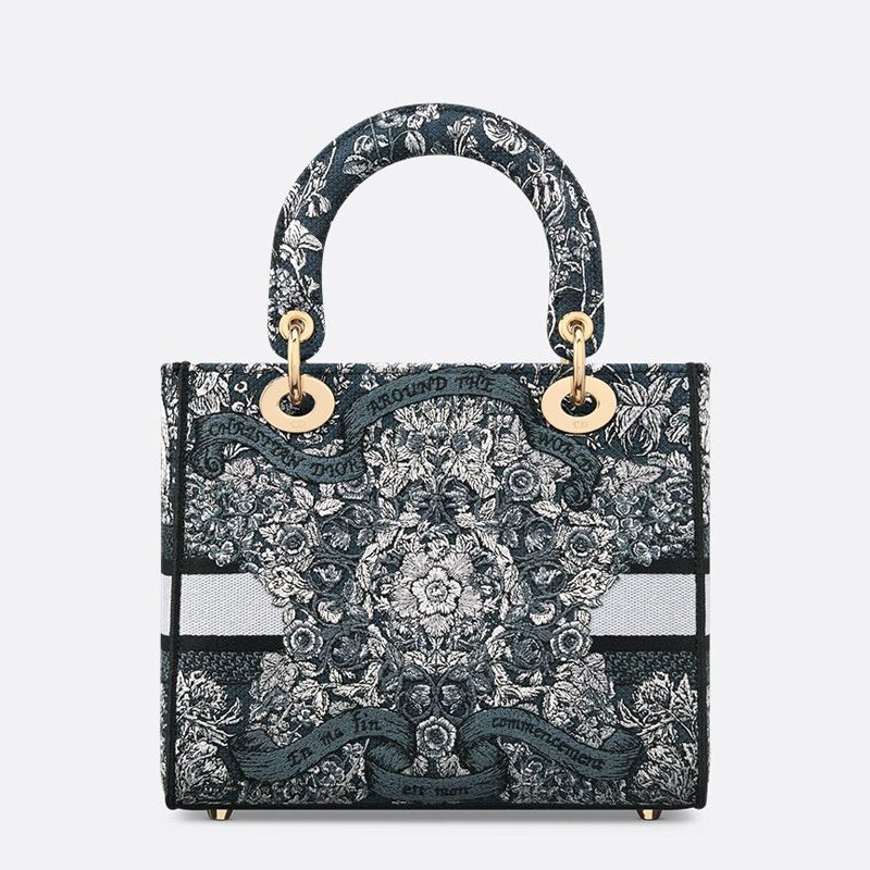 Medium Lady D-lite Bag In Flowers Around the World Motif Canvas Blue - Image 3