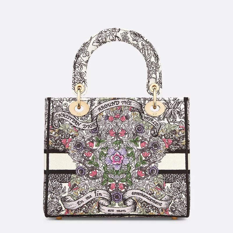 Medium Lady D-lite Bag In Flowers Around the World Motif Canvas White - Image 3