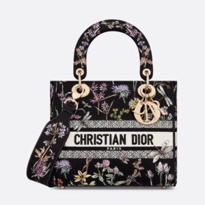 Medium Lady D-lite Bag In Herbarium Motif Canvas Black