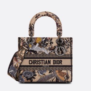 Medium Lady D-lite Bag In Jardin d'Hiver Motif Canvas Beige