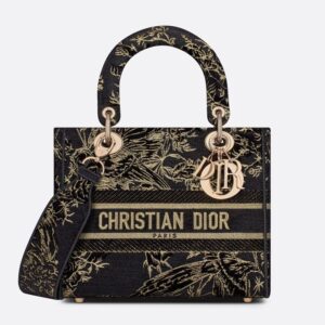 Medium Lady D-lite Bag In Jardin d'Hiver Motif Canvas Black