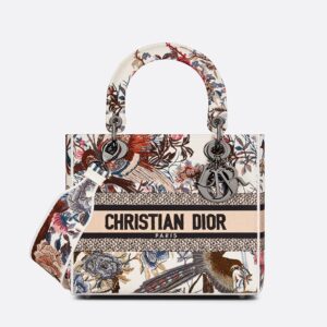 Medium Lady D-lite Bag In Jardin d'Hiver Motif Canvas White