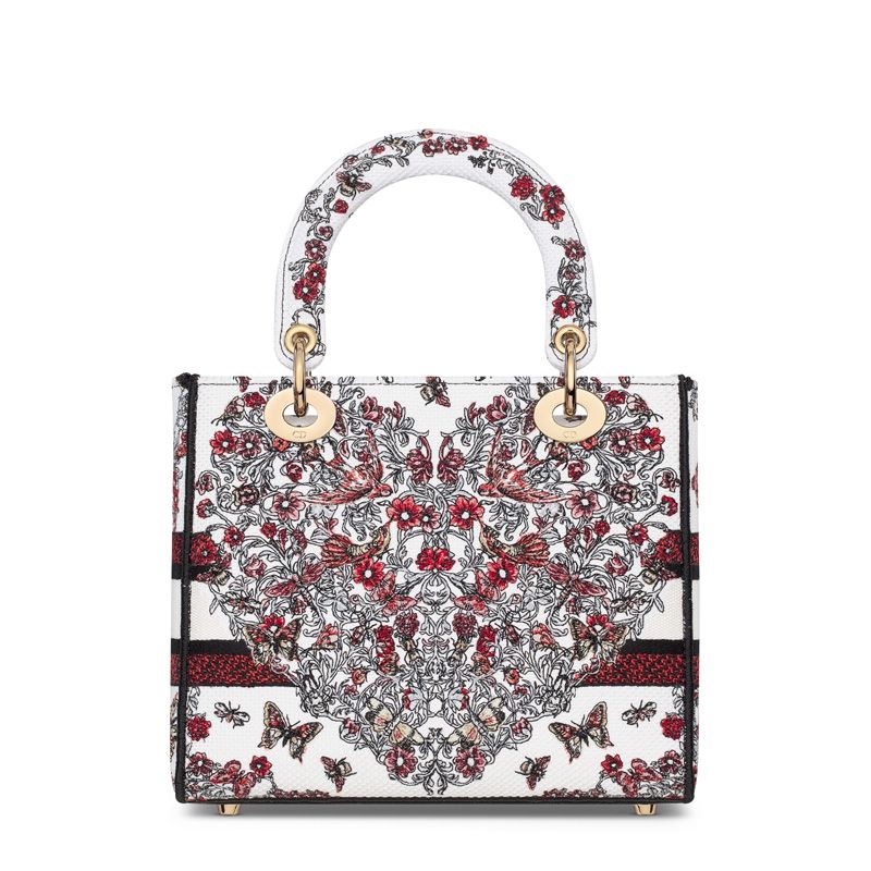 Medium Lady D-lite Bag In Le Coeur des Papillons Motif Canvas White/Red - Image 2