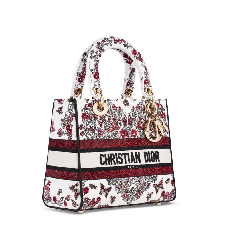 Medium Lady D-lite Bag In Le Coeur des Papillons Motif Canvas White/Red - Image 3