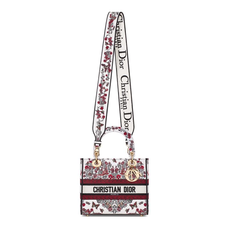 Medium Lady D-lite Bag In Le Coeur des Papillons Motif Canvas White/Red - Image 5