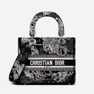 Medium Lady D-lite Bag In Toile de Jouy Zodiac Motif Canvas Black