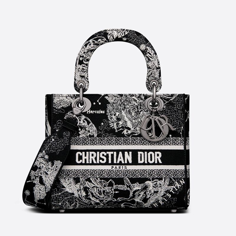 Medium Lady D-lite Bag In Toile de Jouy Zodiac Motif Canvas Black