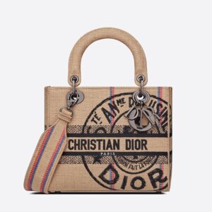 Medium Lady D-lite Bag In Jute Motif Canvas Beige