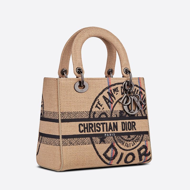 Medium Lady D-lite Bag In Jute Motif Canvas Beige - Image 2