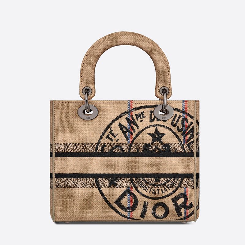 Medium Lady D-lite Bag In Jute Motif Canvas Beige - Image 3