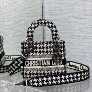 Mini Lady D-lite Bag In Macro Houndstooth Motif Canvas Black
