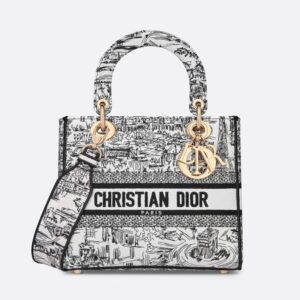 Medium Lady D-lite Bag In Paris Allover Motif Canvas White