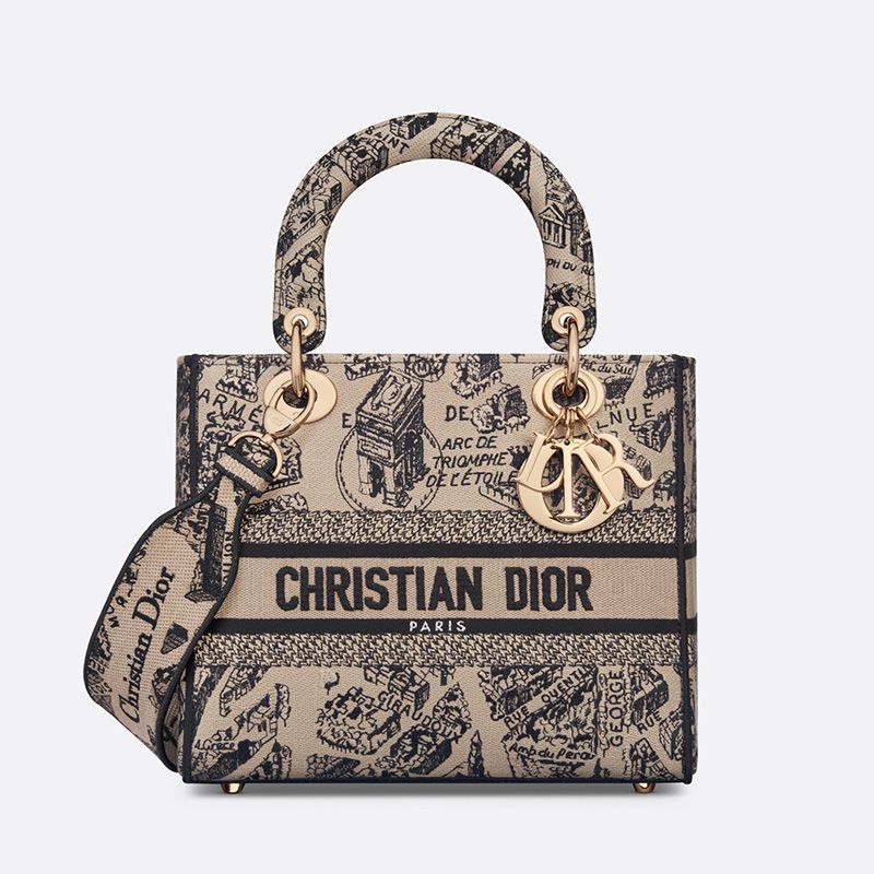 Medium Lady D-lite Bag In Plan de Paris Motif Canvas Beige