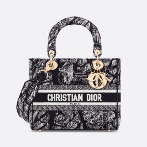 Medium Lady D-lite Bag In Plan de Paris Motif Canvas Black