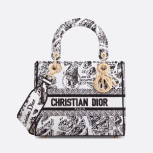 Medium Lady D-lite Bag In Plan de Paris Motif Canvas White