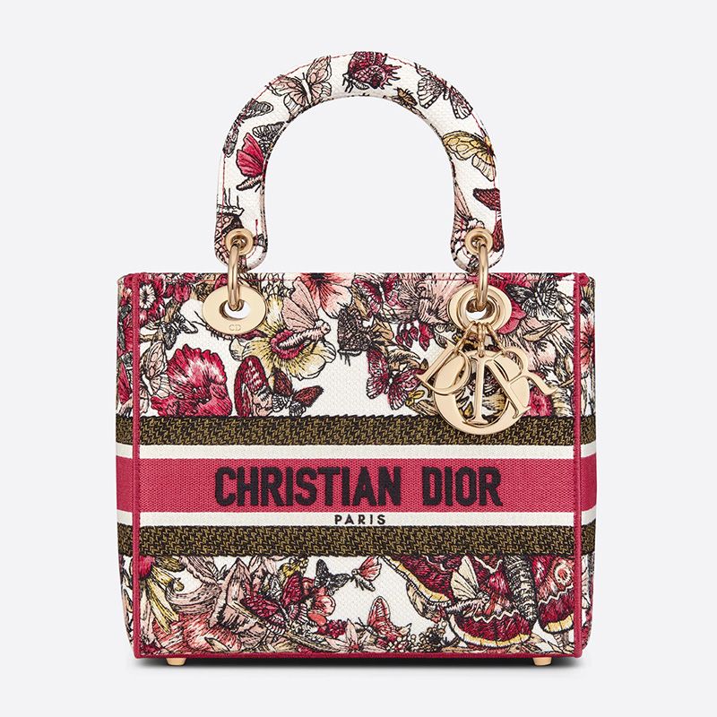 Medium Lady D-lite Bag Poetry Butterfly Motif Canvas Multicolor