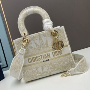 Medium Lady D-lite Bag In Reve d'Infini Motif Canvas White