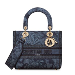 Medium Lady D-lite Bag In Toile de Jouy Motif Denim Navy Blue