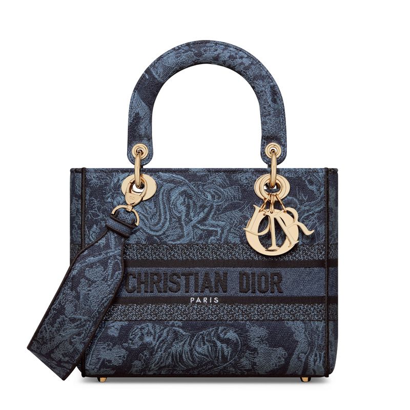 Medium Lady D-lite Bag In Toile de Jouy Motif Denim Navy Blue