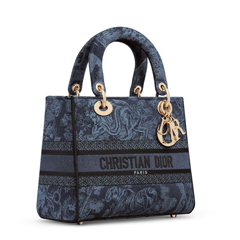 Medium Lady D-lite Bag In Toile de Jouy Motif Denim Navy Blue - Image 3