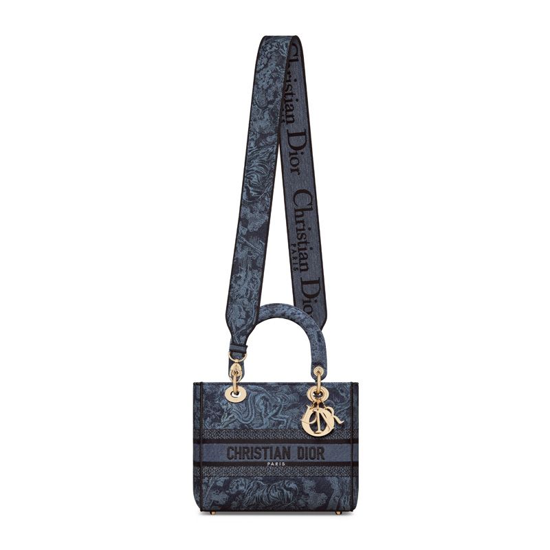Medium Lady D-lite Bag In Toile de Jouy Motif Denim Navy Blue - Image 5