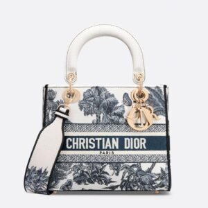 Lady D-lite Bag In Toile de Jouy Palms Motif Canvas White/Blue