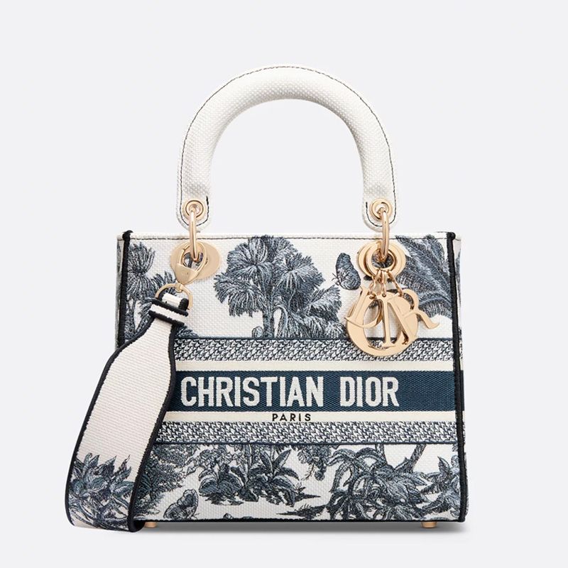 Lady D-lite Bag In Toile de Jouy Palms Motif Canvas White/Blue