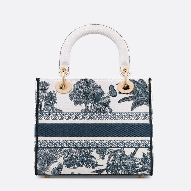 Lady D-lite Bag In Toile de Jouy Palms Motif Canvas White/Blue - Image 2