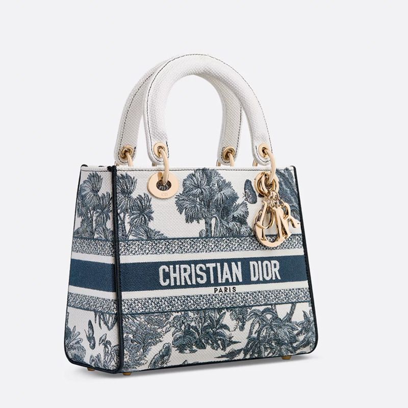 Lady D-lite Bag In Toile de Jouy Palms Motif Canvas White/Blue - Image 3