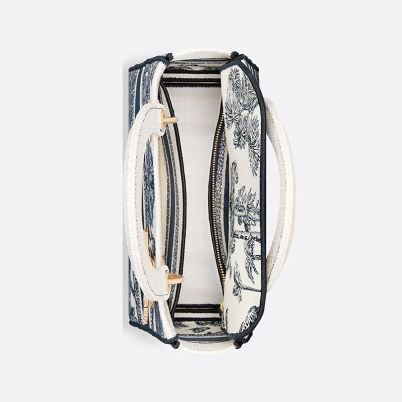 Lady D-lite Bag In Toile de Jouy Palms Motif Canvas White/Blue - Image 4