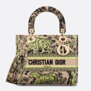 Medium Lady D-lite Bag In Toile de Jouy Sauvage Motif Raffia Beige/Lemon