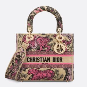 Medium Lady D-lite Bag In Toile de Jouy Sauvage Motif Raffia Beige/Pink