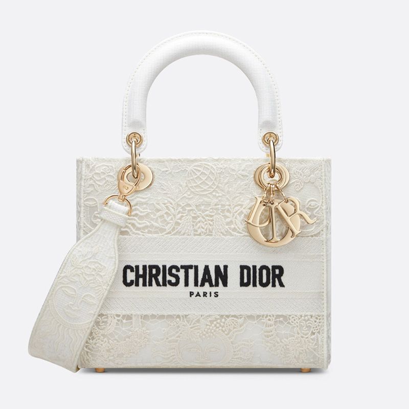 Medium Lady D-lite Bag In Toile de Jouy Soleil Motif Macrame White