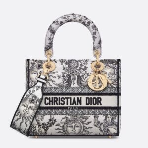 Medium Lady D-lite Bag In Toile de Jouy Soleil Motif Canvas White/Black