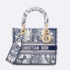 Medium Lady D-lite Bag In Toile de Jouy Soleil Motif Canvas White/Blue