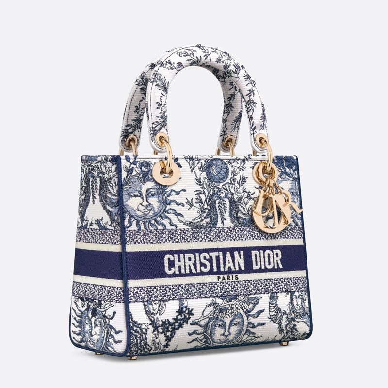 Medium Lady D-lite Bag In Toile de Jouy Soleil Motif Canvas White/Blue - Image 2