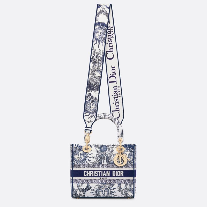 Medium Lady D-lite Bag In Toile de Jouy Soleil Motif Canvas White/Blue - Image 5