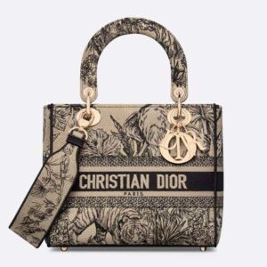 Medium Lady D-lite Bag In Toile de Jouy Voyage Motif Canvas Beige