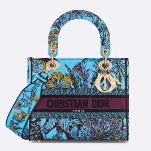 Medium Lady D-lite Bag In Toile de Jouy Voyage Motif Canvas Celestial Blue