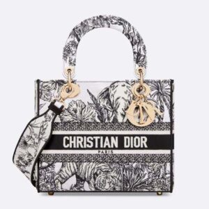 Medium Lady D-lite Bag In Toile de Jouy Voyage Motif Canvas White