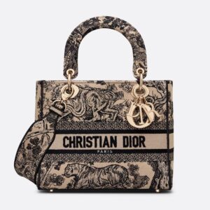 Medium Lady D-lite Bag In Toile de Jouy Motif Canvas Beige