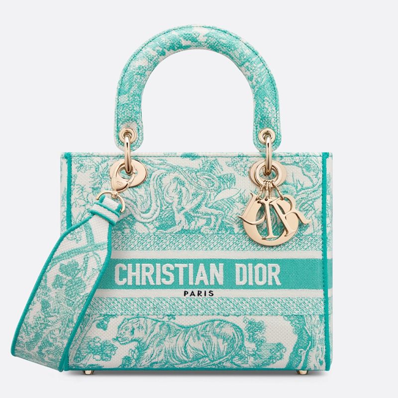 Medium Lady D-lite Bag In Toile de Jouy Motif Canvas Green