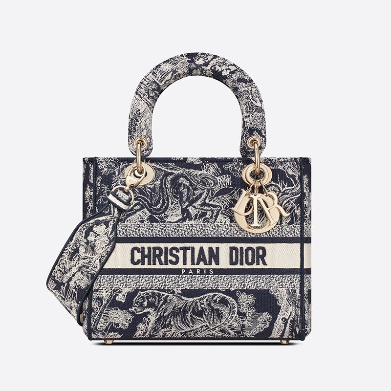 Medium Lady D-lite Bag In Toile de Jouy Motif Canvas Navy Blue