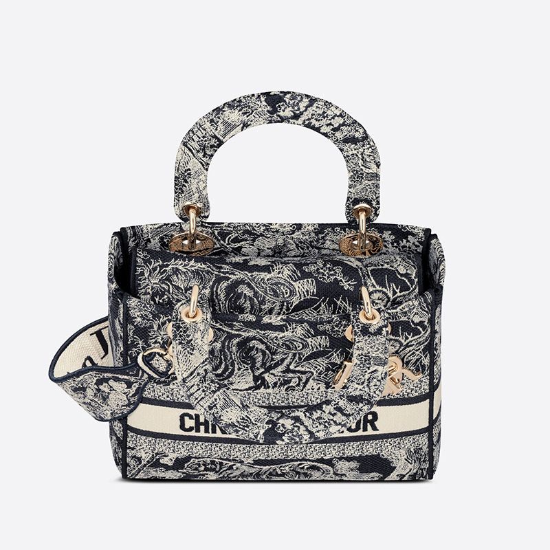 Medium Lady D-lite Bag In Toile de Jouy Motif Canvas Navy Blue - Image 4